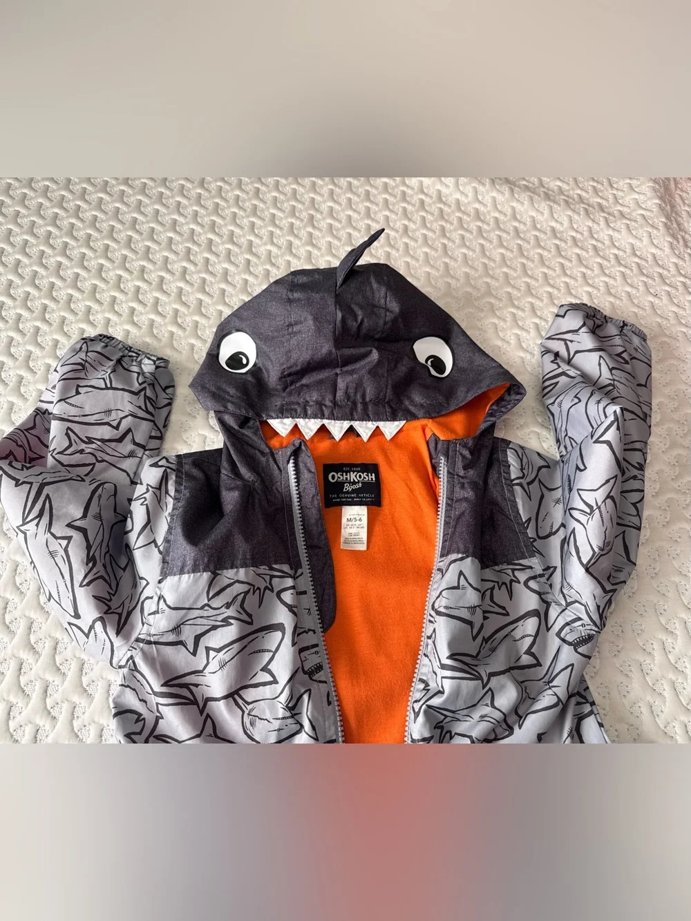 OshKosh B'gosh Gray Shark Hooded Jacket with Orange Lining
